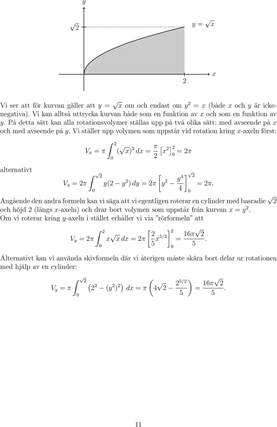 Vi ställer upp volmen som uppstår vid rottion kring -eln först: lterntivt V = π V = π ˆ ˆ ( ) d = π ( ) d = π [ ] = π ] [ 4 = π.