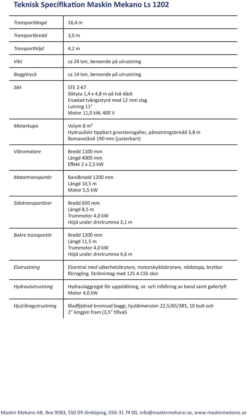 Matartransportör Sidotransportörer akre transportör Elutrustning Hydraulutrustning Hjul/dragutrustning redd 00 mm Längd 000 mm Effekt x,5 kw andbredd 00 mm Längd 0,5 m Motor 5,5 kw redd 650 mm Längd