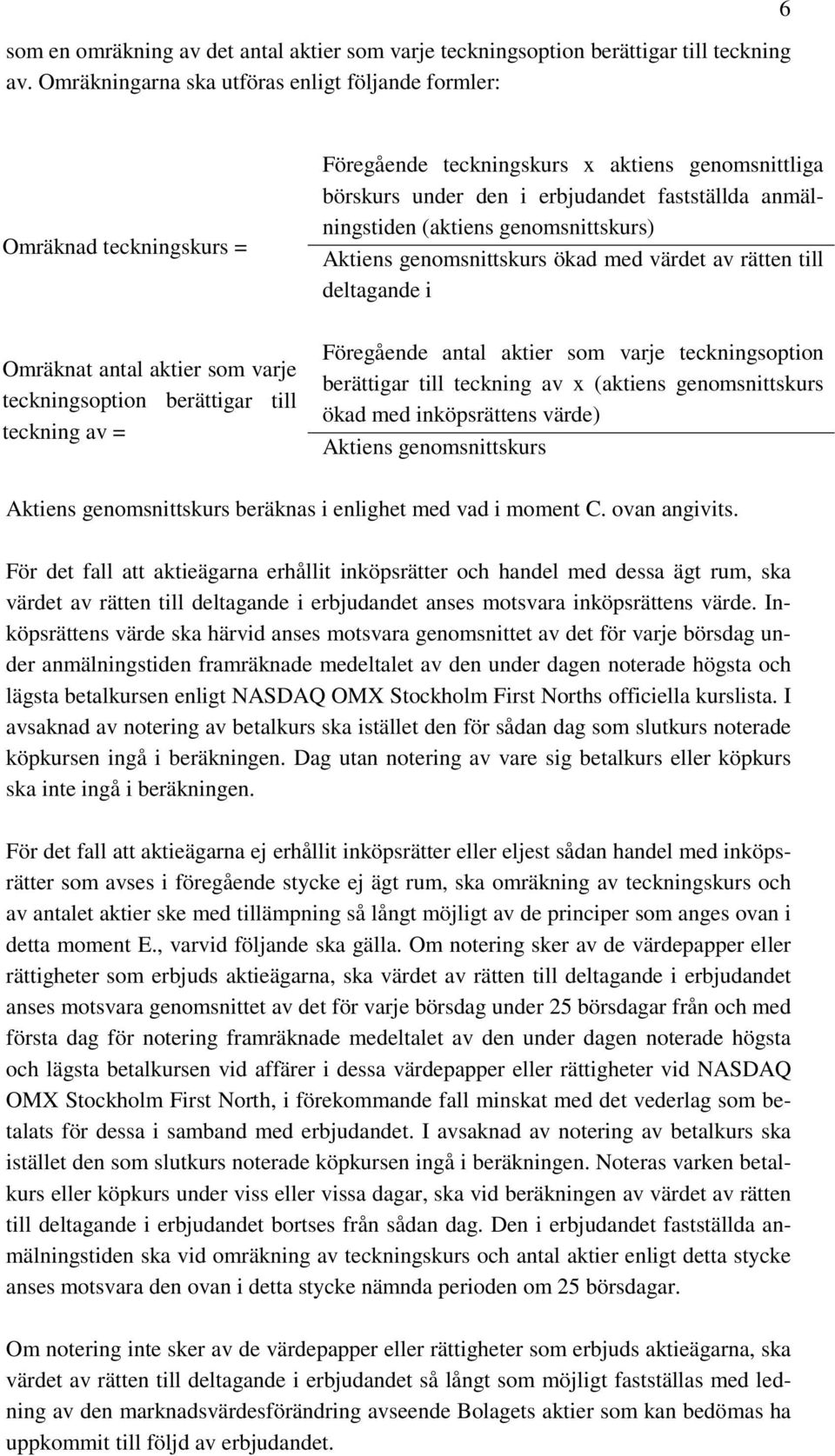 genomsnittliga börskurs under den i erbjudandet fastställda anmälningstiden (aktiens genomsnittskurs) Aktiens genomsnittskurs ökad med värdet av rätten till deltagande i Föregående antal aktier som