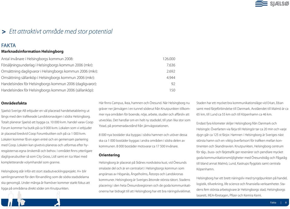 944 Handelsindex för Helsingborgs kommun 2006 (dagligvaror): 92 Handelsindex för Helsingborgs kommun 2006 (sällanköp): 150 Områdesfakta Sjaelsö Sverige AB erbjuder en väl placerad handelsetablering