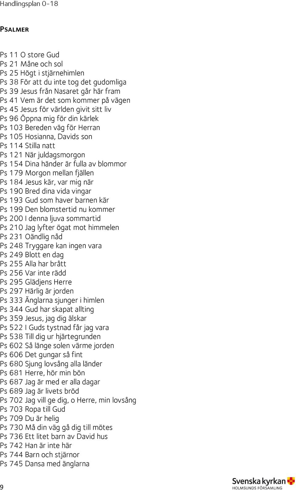 Ps 179 Morgon mellan fjällen Ps 184 Jesus kär, var mig när Ps 190 Bred dina vida vingar Ps 193 Gud som haver barnen kär Ps 199 Den blomstertid nu kommer Ps 200 I denna ljuva sommartid Ps 210 Jag