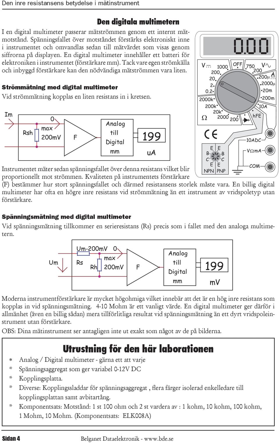 Tack vare egen strömkälla och inbyggd förstärkare kan den nödvändiga mätströmmen vara liten Strömmätning med digital multimeter Vid strömmätning kopplas en liten resistans in i kretsen Im Rsh 0 max