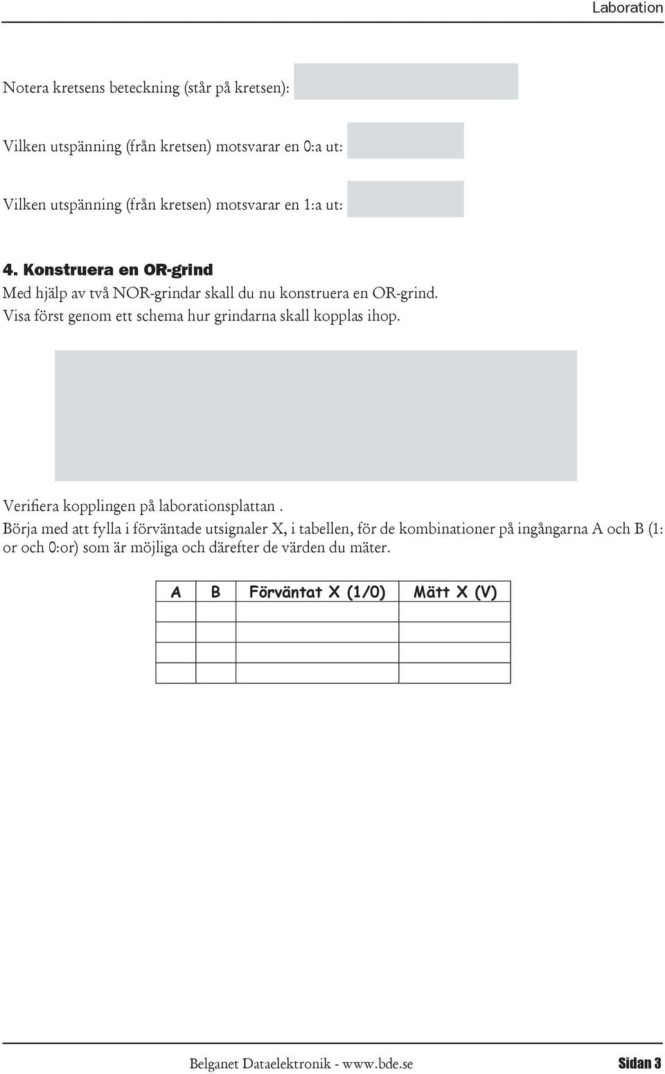 Visa först genom ett schema hur grindarna skall kopplas ihop. Verifiera kopplingen på laborationsplattan.