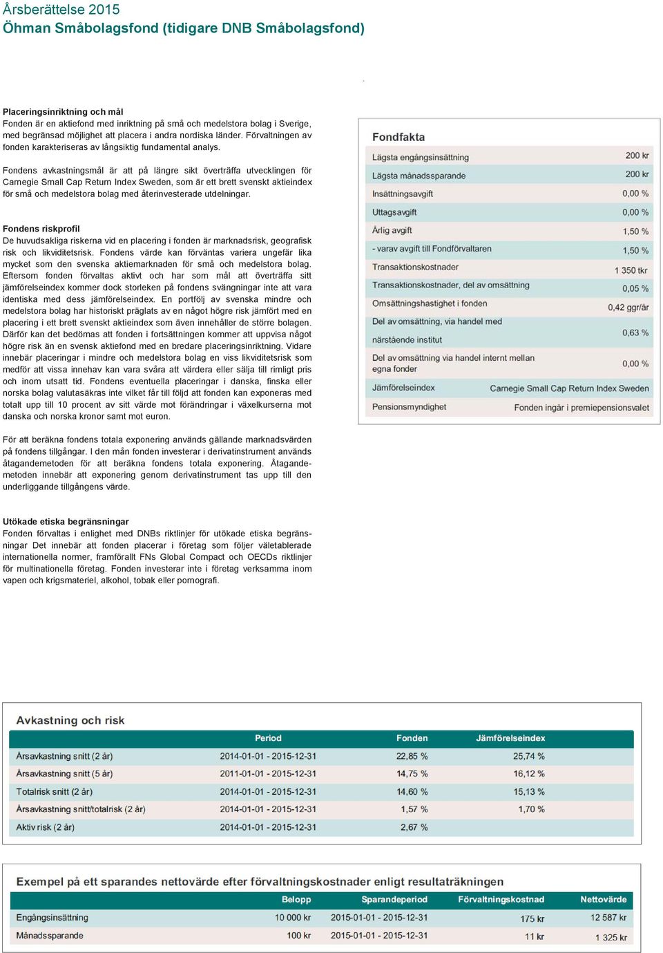 Fondens avkastningsmål är att på längre sikt överträffa utvecklingen för Carnegie Small Cap Return Index Sweden, som är ett brett svenskt aktieindex för små och medelstora bolag med återinvesterade