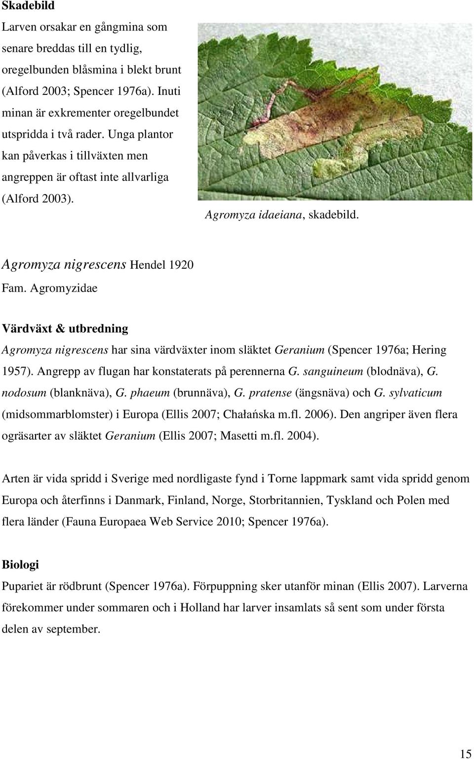 Agromyzidae Värdväxt & utbredning Agromyza nigrescens har sina värdväxter inom släktet Geranium (Spencer 1976a; Hering 1957). Angrepp av flugan har konstaterats på perennerna G.