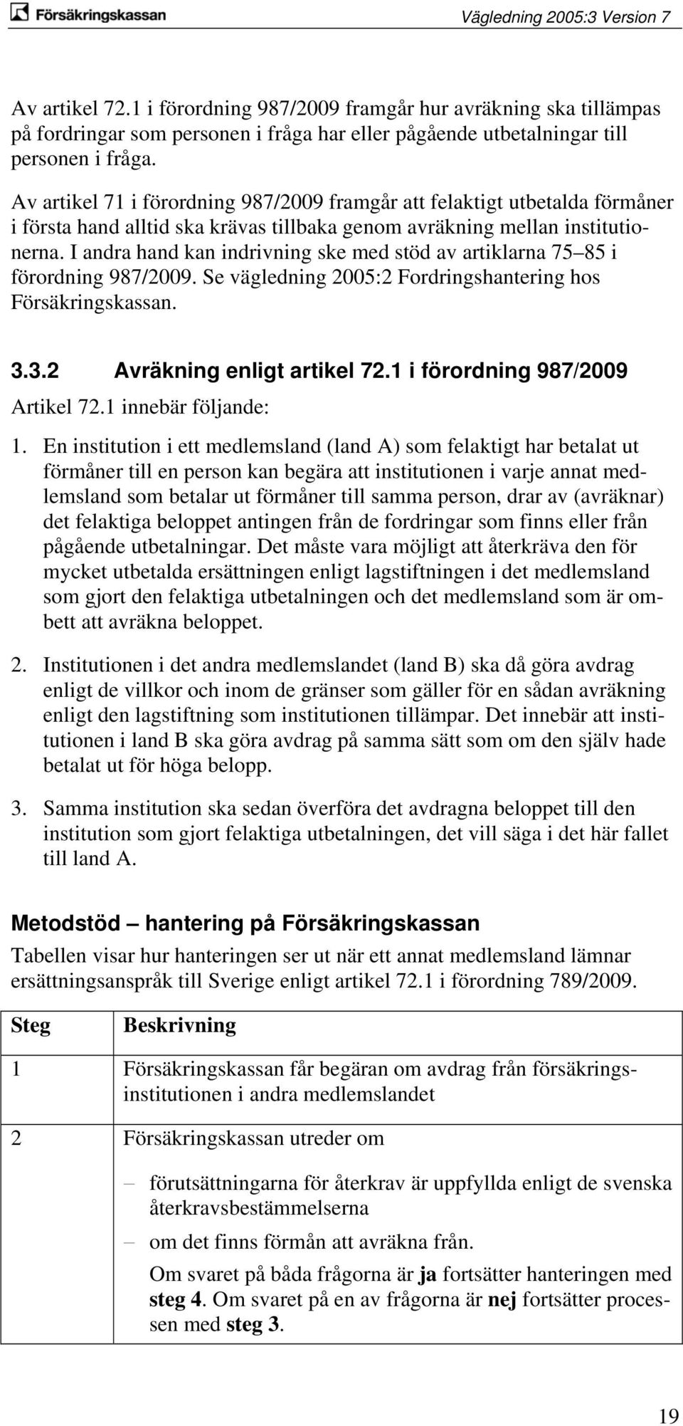 I andra hand kan indrivning ske med stöd av artiklarna 75 85 i förordning 987/2009. Se vägledning 2005:2 Fordringshantering hos Försäkringskassan. 3.3.2 Avräkning enligt artikel 72.