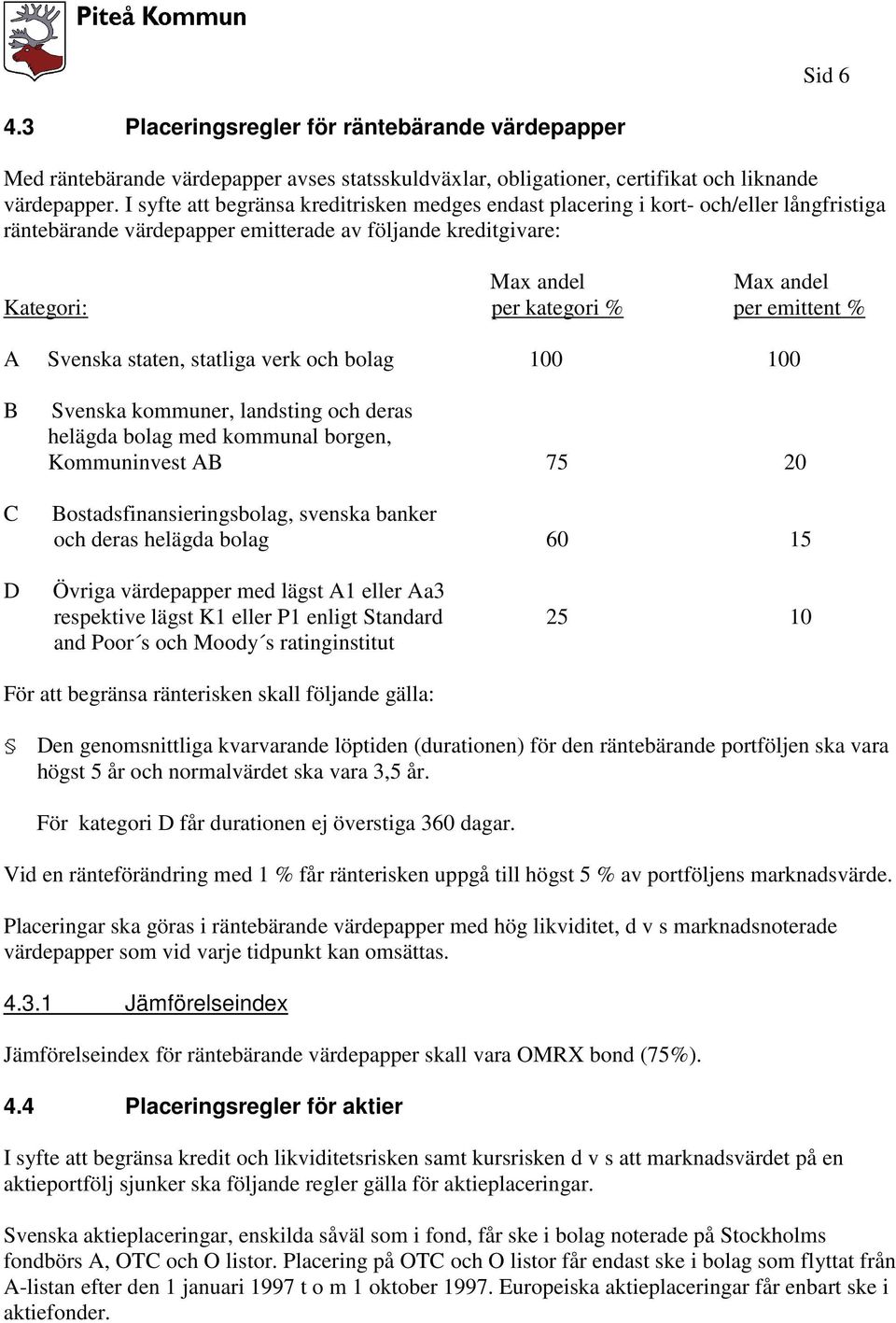 emittent % A Svenska staten, statliga verk och bolag 100 100 B C D Svenska kommuner, landsting och deras helägda bolag med kommunal borgen, Kommuninvest AB 75 20 Bostadsfinansieringsbolag, svenska