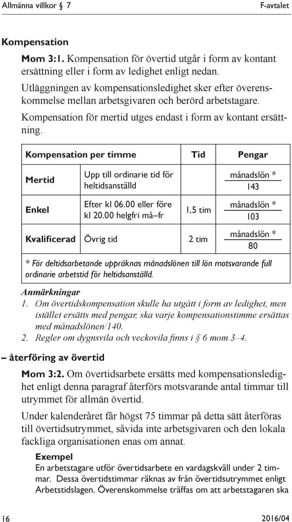 Kompensation per timme Tid Pengar Mertid Upp till ordinarie tid för heltidsanställd månadslön * 143 Enkel Efter kl 06.00 eller före kl 20.