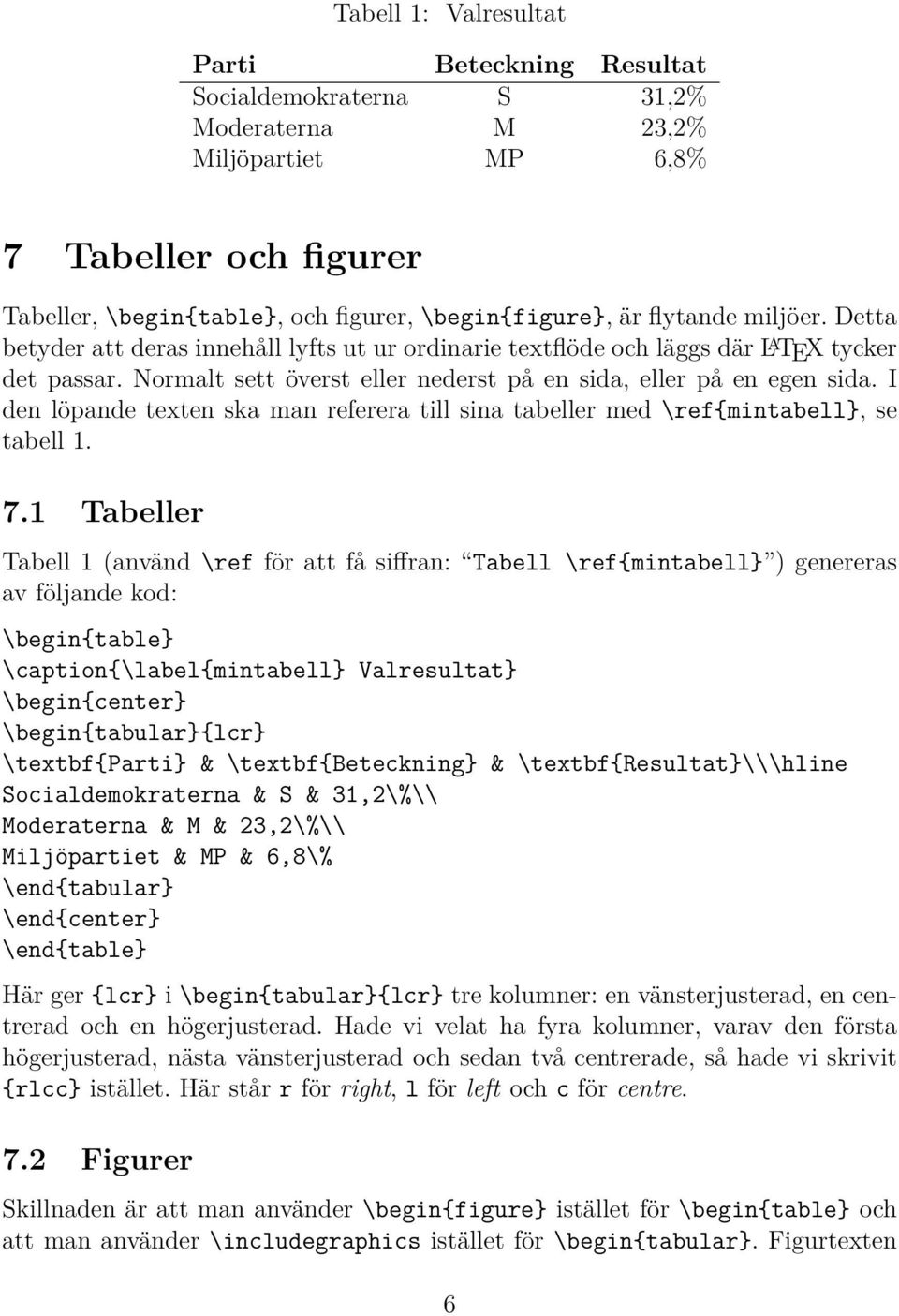I den löpande texten ska man referera till sina tabeller med \ref{mintabell}, se tabell 1. 7.