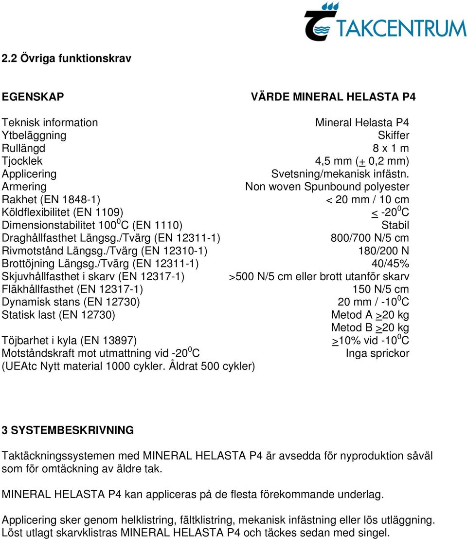 /Tvärg (EN 12311-1) 800/700 N/5 cm Rivmotstånd Längsg./Tvärg (EN 12310-1) 180/200 N Brottöjning Längsg.