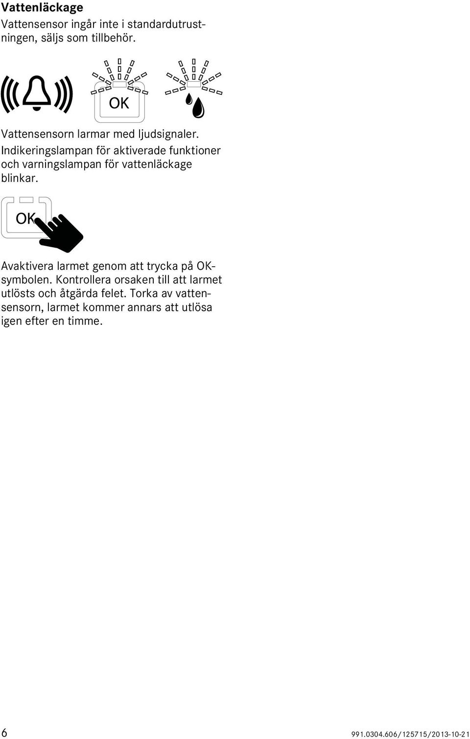 Indikeringslampan för aktiverade funktioner och varningslampan för vattenläckage blinkar.