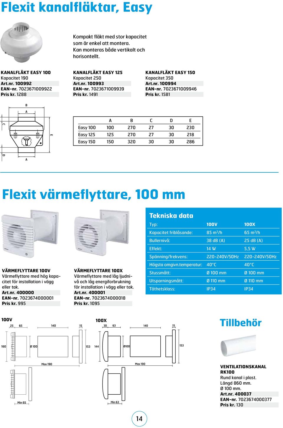 1581 A B C D E Easy 100 100 270 27 30 230 Easy 125 125 270 27 30 218 Easy 150 150 320 30 30 286 Flexit värmeflyttare, VÄRMEFLYTTARE 100V Värmeflyttare med hög kapacitet för installation i vägg eller