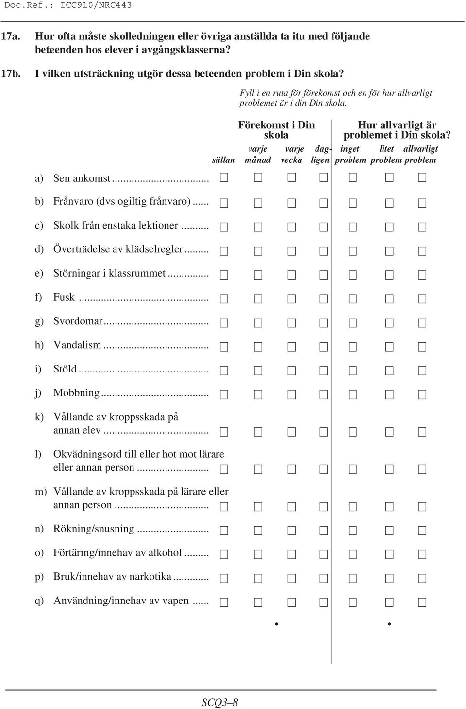 .. i) Stöld... j) Mobbning... k) Vållande av kroppsskada på annan elev... l) Okvädningsord till eller hot mot lärare eller annan person... m) Vållande av kroppsskada på lärare eller annan person.