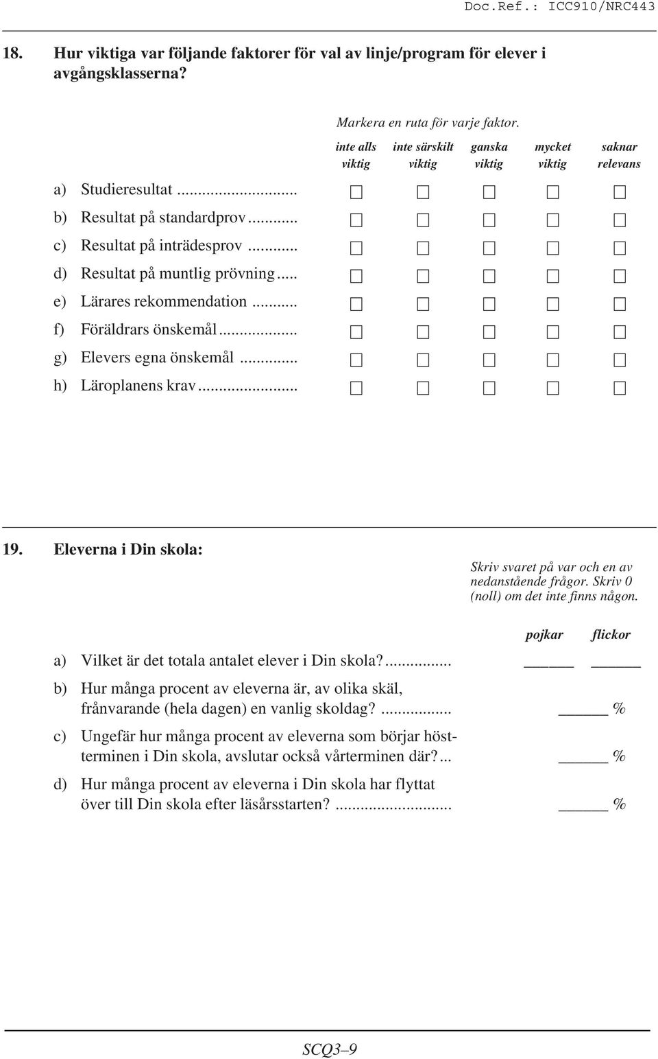 .. inte alls inte särskilt ganska mycket saknar viktig viktig viktig viktig relevans 19. Eleverna i Din skola: Skriv svaret på var och en av nedanstående frågor.