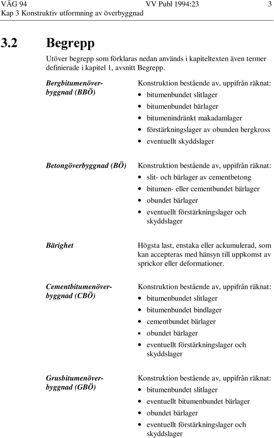 skyddslager Betongöverbyggnad (BÖ) Konstruktion bestående av, uppifrån räknat: slit- och bärlager av cementbetong bitumen- eller cementbundet bärlager obundet bärlager eventuellt förstärkningslager