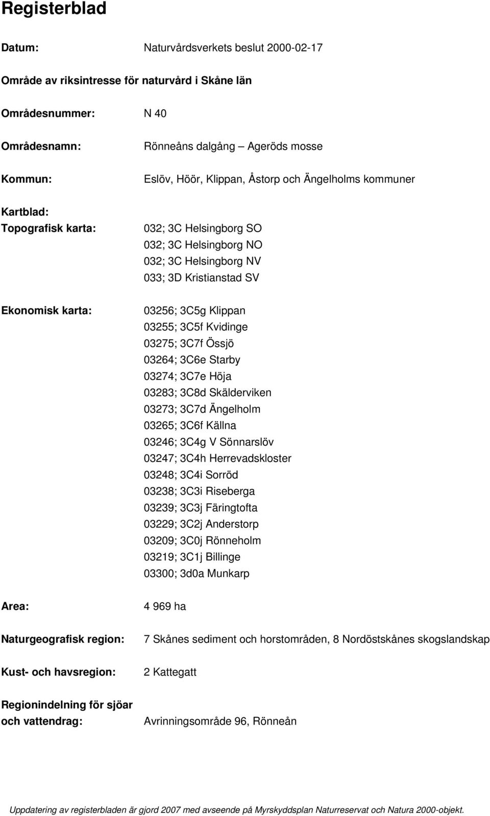 3C5f Kvidinge 03275; 3C7f Össjö 03264; 3C6e Starby 03274; 3C7e Höja 03283; 3C8d Skälderviken 03273; 3C7d Ängelholm 03265; 3C6f Källna 03246; 3C4g V Sönnarslöv 03247; 3C4h Herrevadskloster 03248; 3C4i