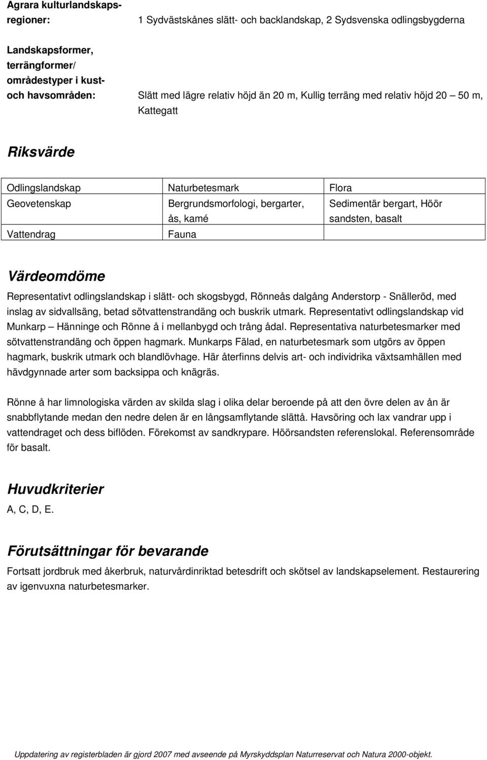basalt Vattendrag Fauna Värdeomdöme Representativt odlingslandskap i slätt- och skogsbygd, Rönneås dalgång Anderstorp - Snälleröd, med inslag av sidvallsäng, betad sötvattenstrandäng och buskrik