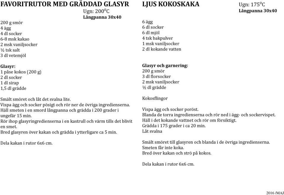 Rör ihop glasyringredienserna i en kastrull och värm tills det blivit en smet. Bred glasyren över kakan och grädda i ytterligare ca 5 min. Dela kakan i rutor 6x6 cm.