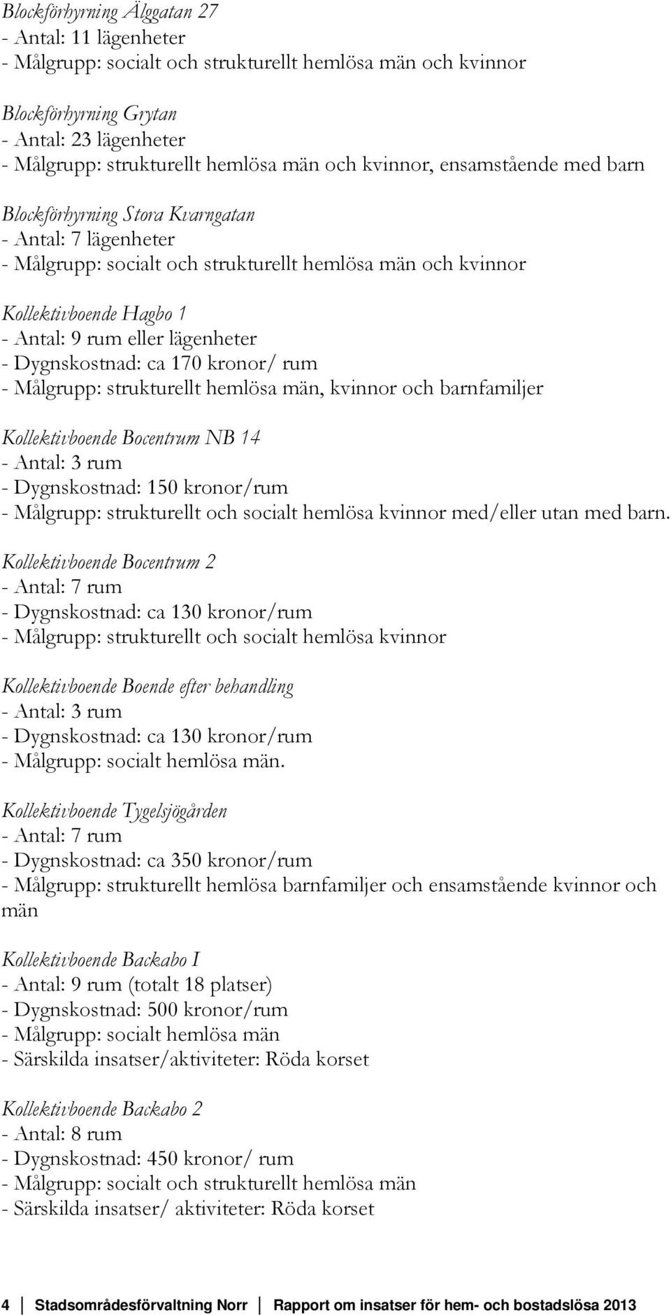 lägenheter - Dygnskostnad: ca 170 kronor/ rum - Målgrupp: strukturellt hemlösa män, kvinnor och barnfamiljer Kollektivboende Bocentrum NB 14 - Antal: 3 rum - Dygnskostnad: 150 kronor/rum - Målgrupp: