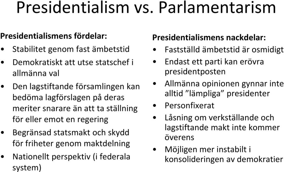 lagförslagen på deras meriter snarare än att ta ställning för eller emot en regering Begränsad statsmakt och skydd för friheter genom maktdelning Nationellt perspektiv