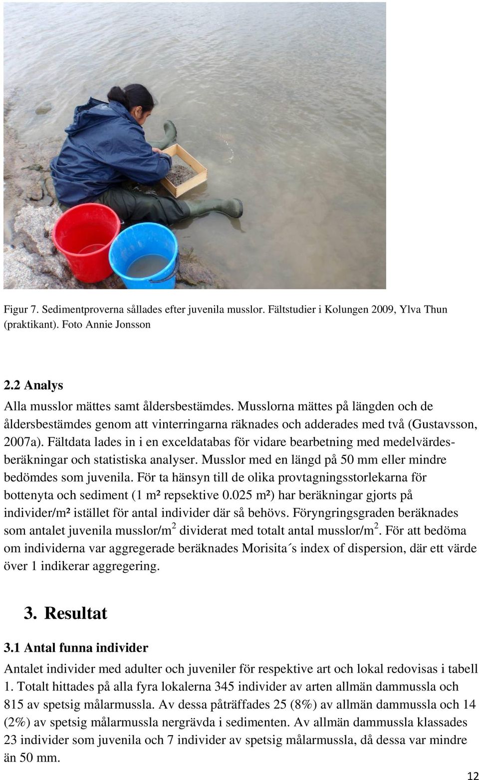 Fältdata lades in i en exceldatabas för vidare bearbetning med medelvärdesberäkningar och statistiska analyser. Musslor med en längd på 50 mm eller mindre bedömdes som juvenila.