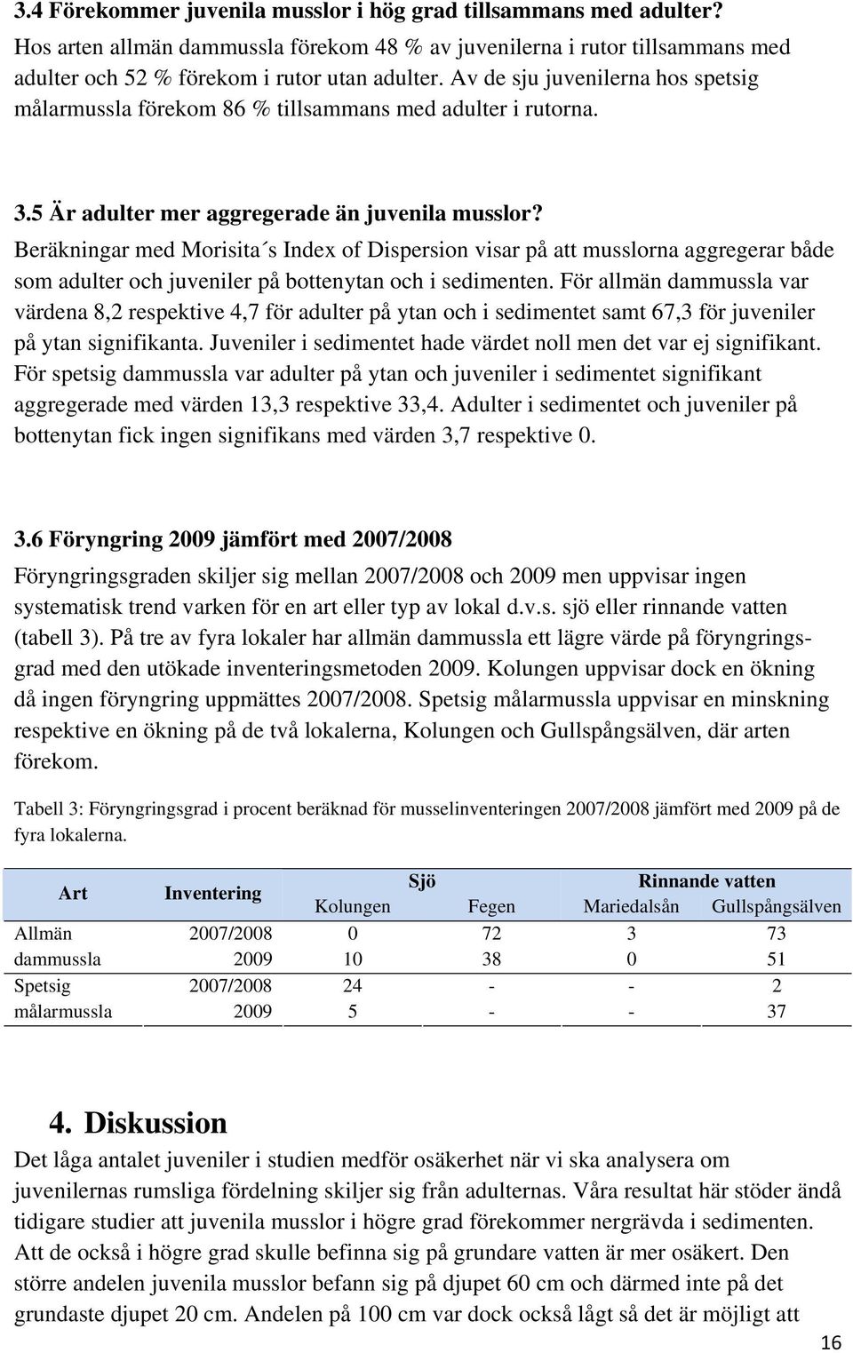 Beräkningar med Morisita s Index of Dispersion visar på att musslorna aggregerar både som adulter och juveniler på bottenytan och i sedimenten.