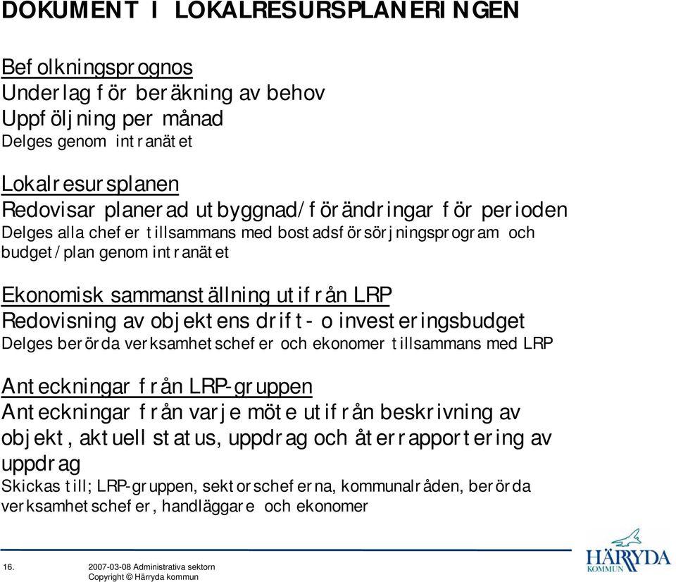 objektens drift- o investeringsbudget Delges berörda verksamhetschefer och ekonomer tillsammans med LRP Anteckningar från LRP-gruppen Anteckningar från varje möte utifrån beskrivning av