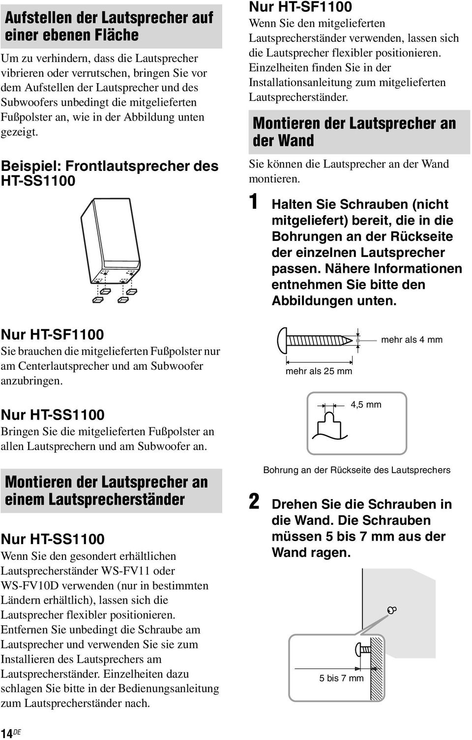 Beispiel: Frontlautsprecher des HT-SS1100 Nur HT-SF1100 Wenn Sie den mitgelieferten Lautsprecherständer verwenden, lassen sich die Lautsprecher flexibler positionieren.