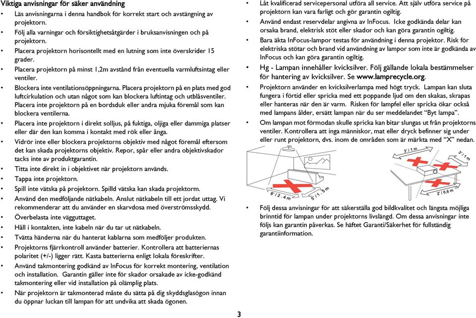 Placera projektorn på minst 1,2m avstånd från eventuella varmluftsintag eller ventiler. Blockera inte ventilationsöppningarna.