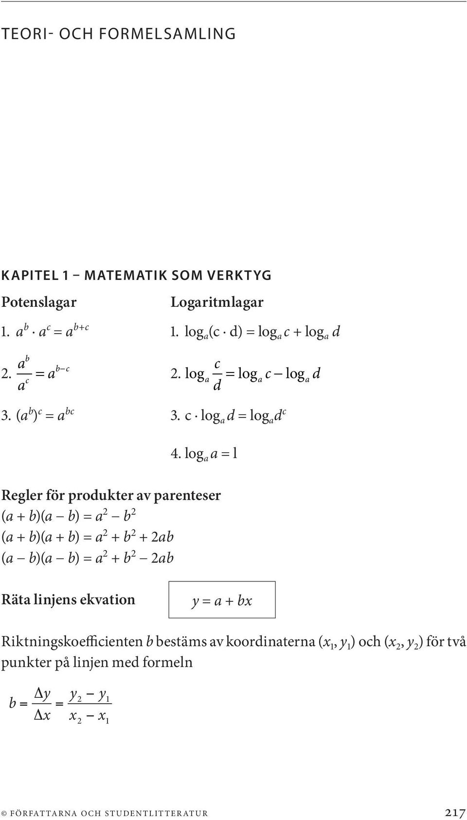 log a a = l Regler för produkter av parenteser (a + b)(a b) = a 2 b 2 (a + b)(a + b) = a 2 + b 2 + 2ab (a b)(a b) = a 2 + b 2 2ab Räta