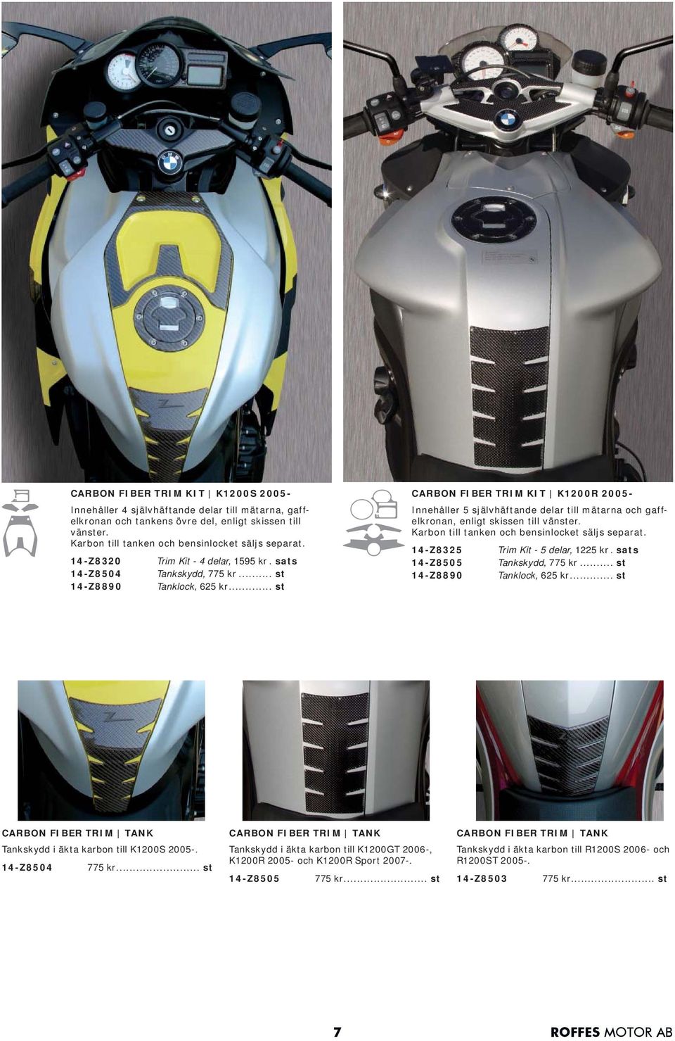 .. st CARBON FIBER TRIM KIT K1200R 2005- Innehåller 5 självhäftande delar till mätarna och gaffelkronan, enligt skissen till vänster. Karbon till tanken och bensinlocket säljs separat.
