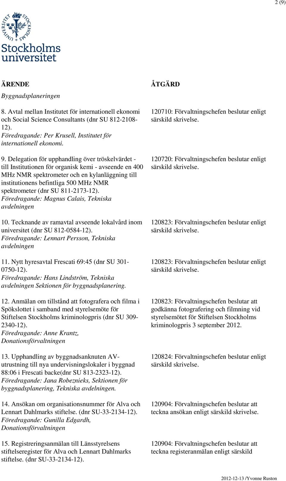 Delegation för upphandling över tröskelvärdet - till Institutionen för organisk kemi - avseende en 400 MHz NMR spektrometer och en kylanläggning till institutionens befintliga 500 MHz NMR