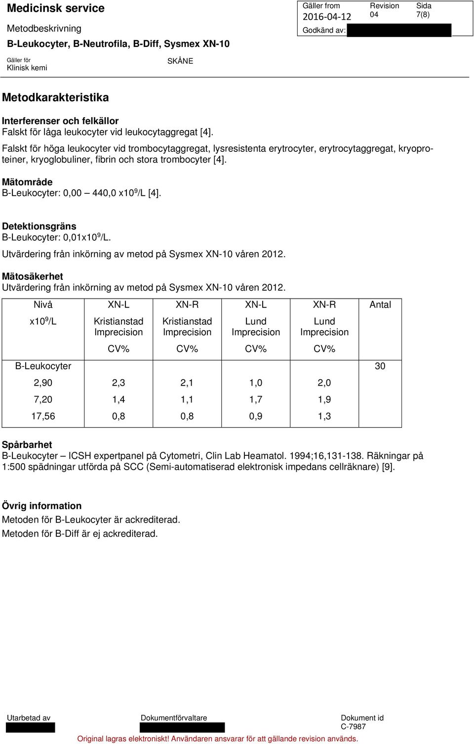 Mätområde B-Leukocyter: 0,00 440,0 x10 9 /L [4]. Detektionsgräns B-Leukocyter: 0,01x10 9 /L. Utvärdering från inkörning av metod på Sysmex XN-10 våren 2012.