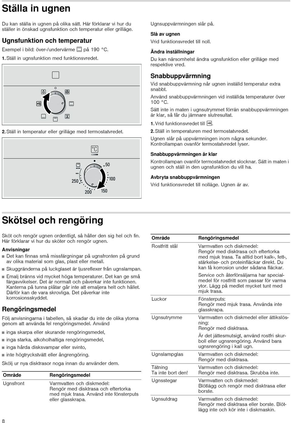 Ugnsuppvärmningen slår på. Slå av ugnen Vrid funktionsvredet till noll. Ändra inställningar Du kan närsomhelst ändra ugnsfunktion eller grilläge med respektive vred.