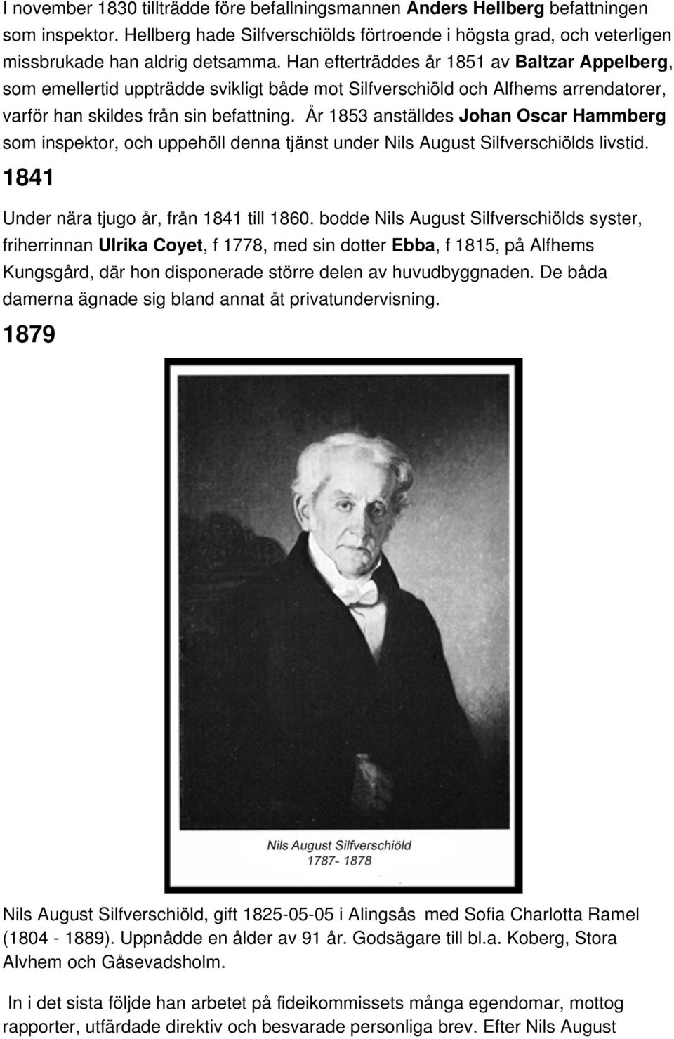 År 1853 anställdes Johan Oscar Hammberg som inspektor, och uppehöll denna tjänst under Nils August Silfverschiölds livstid. 1841 Under nära tjugo år, från 1841 till 1860.