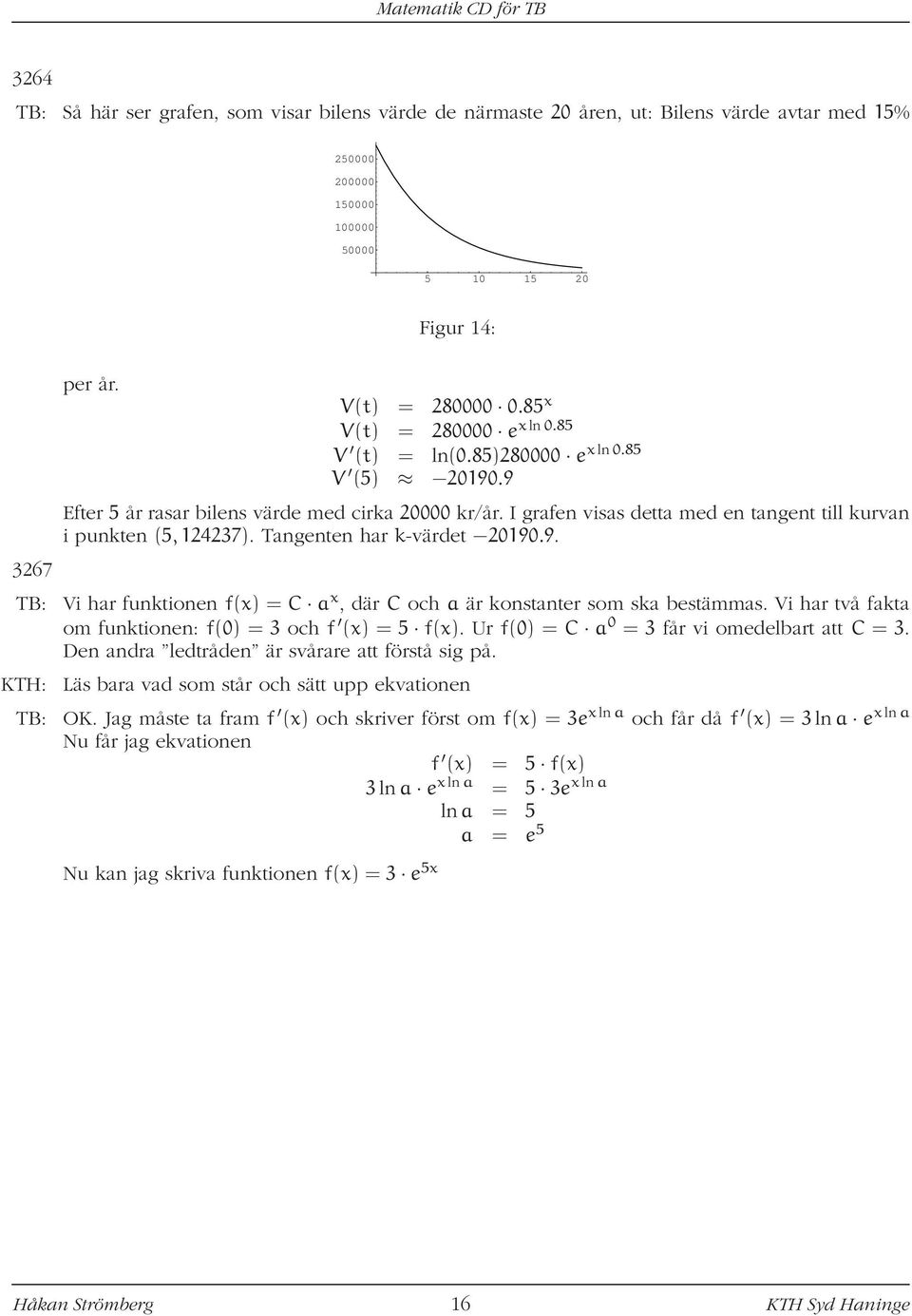 Tangenten har k-värdet 20190.9. TB: Vi har funktionen f(x) = C a x, där C och a är konstanter som ska bestämmas. Vi har två fakta om funktionen: f(0) = 3 och f (x) = 5 f(x).