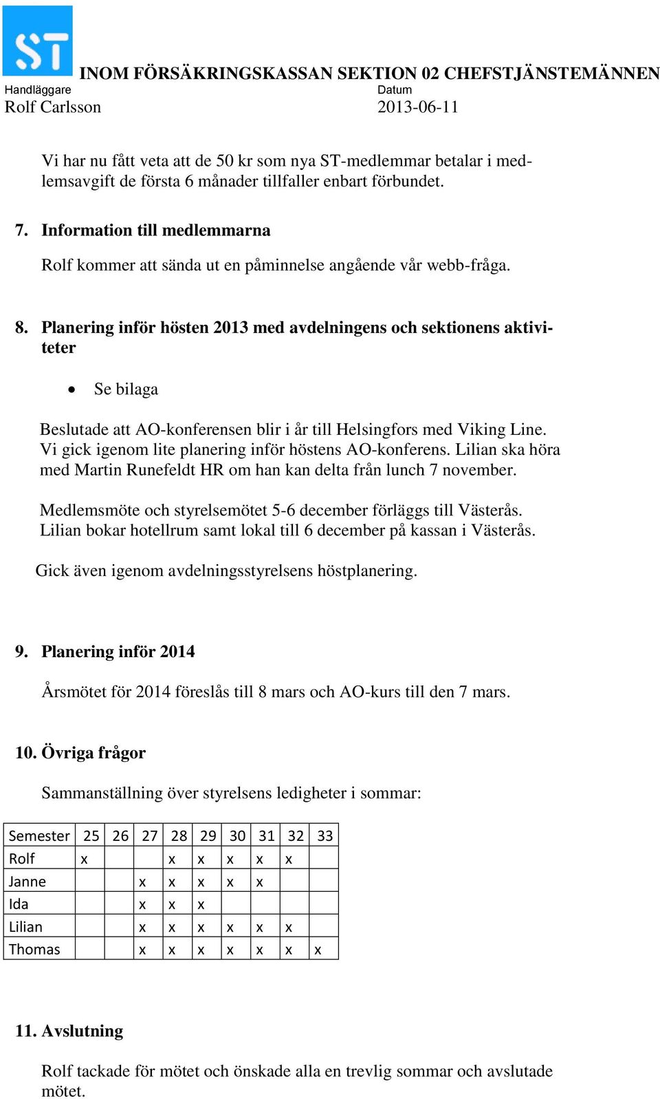 Planering inför hösten 2013 med avdelningens och sektionens aktiviteter Se bilaga Beslutade att AO-konferensen blir i år till Helsingfors med Viking Line.