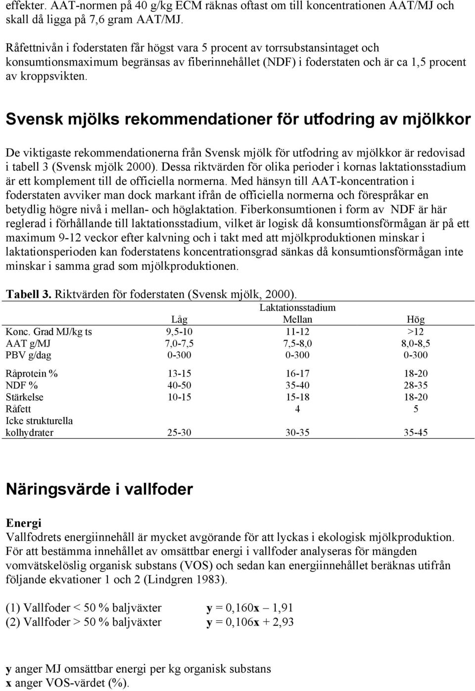 Svensk mjölks rekommendationer för utfodring av mjölkkor De viktigaste rekommendationerna från Svensk mjölk för utfodring av mjölkkor är redovisad i tabell 3 (Svensk mjölk 2000).