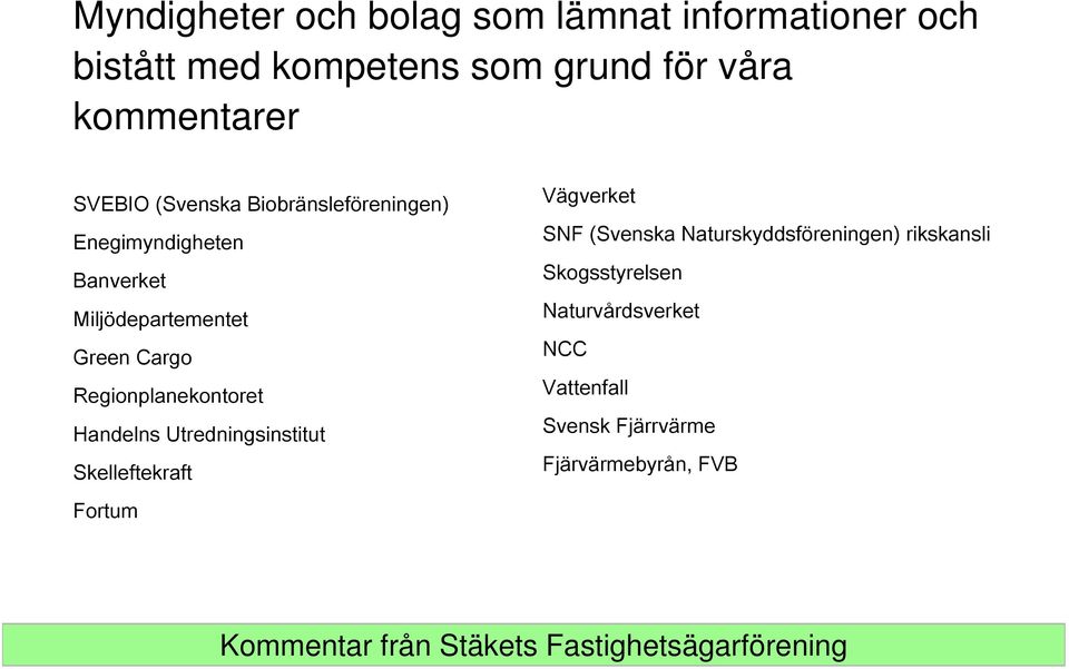 Cargo Regionplanekontoret Handelns Utredningsinstitut Skelleftekraft Fortum Vägverket SNF (Svenska