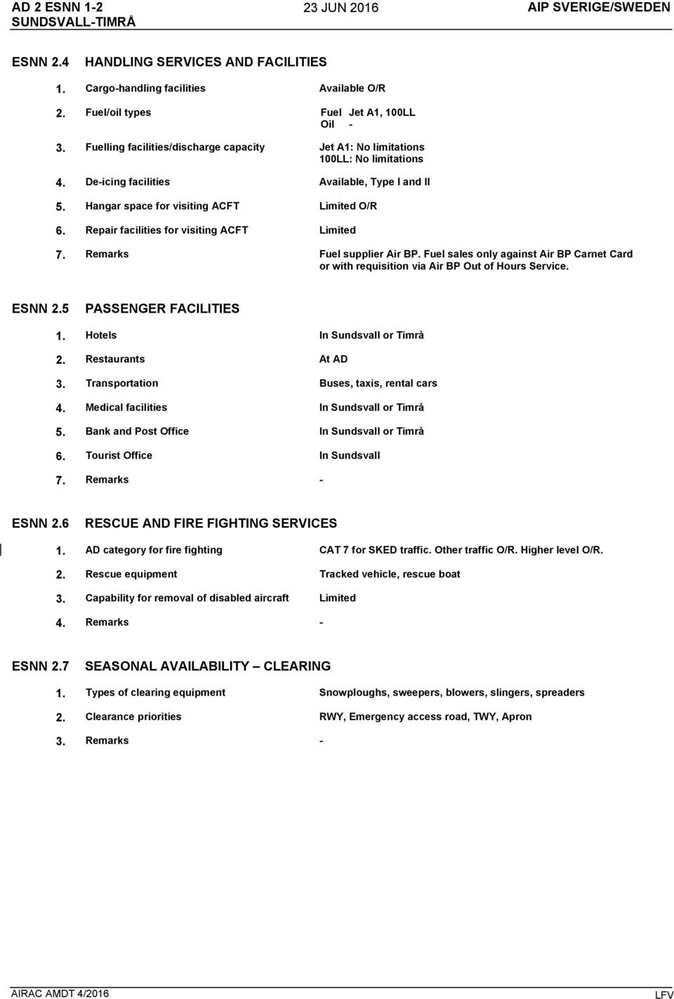 Repair facilities for visiting ACFT Limited 7. Remarks Fuel supplier Air BP. Fuel sales only against Air BP Carnet Card or with requisition via Air BP Out of Hours Service. ESNN 2.