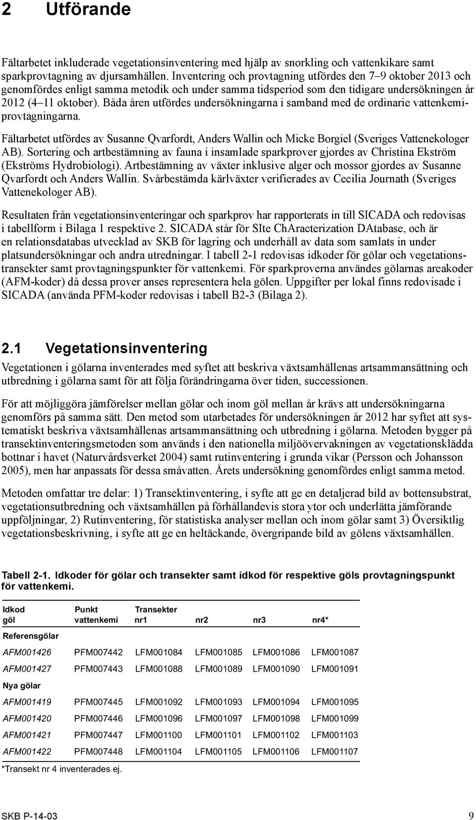 Båda åren utfördes undersökningarna i samband med de ordinarie vattenkemiprovtagningarna. Fältarbetet utfördes av Susanne Qvarfordt, Anders Wallin och Micke Borgiel (Sveriges Vattenekologer AB).