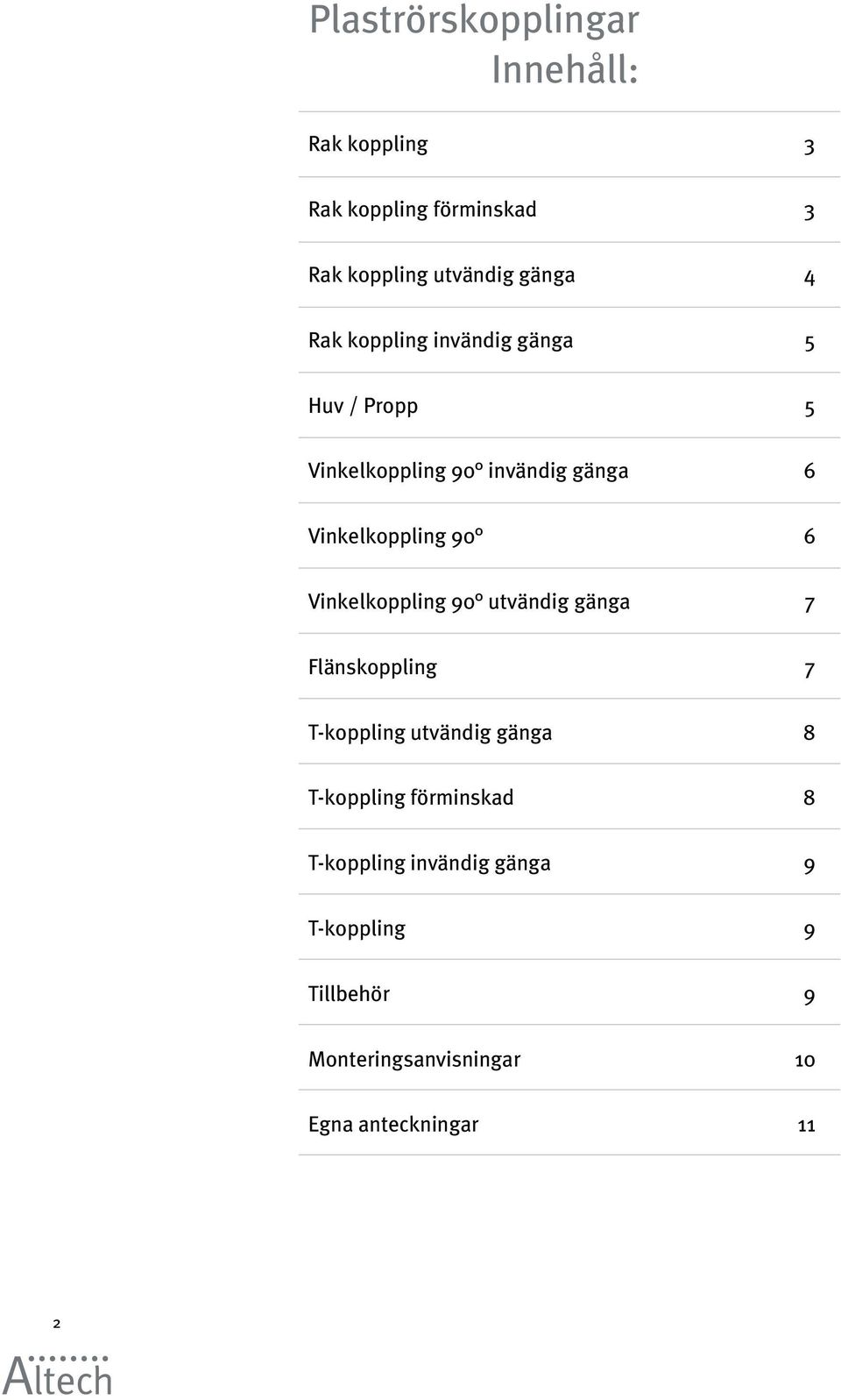 Vinkelkoppling 90 utvändig gänga 7 Flänskoppling 7 T-koppling utvändig gänga 8 T-koppling förminskad