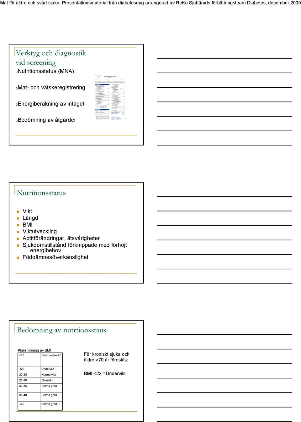 energibehov Födoämnesöverkänslighet Bedömning av nutrtionsstaus Klassificering av BMI <16 Svår undervikt <20 Undervikt 20-25
