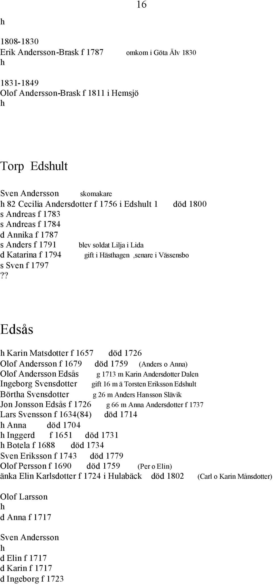 Andersson f 1679 död 1759 (Anders o Anna) Olof Andersson Edsås g 1713 m Karin Andersdotter Dalen Ingeborg Svensdotter gift 16 m ä Torsten Eriksson Edsult Börta Svensdotter g 26 m Anders Hansson