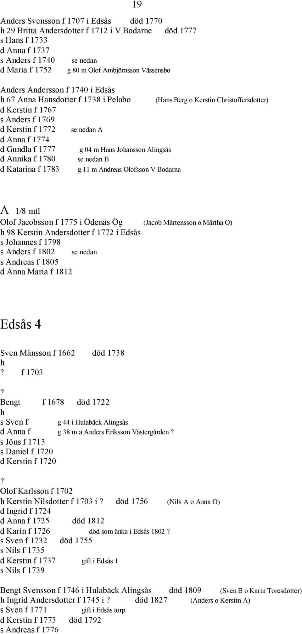 04 m Hans Joansson Alingsås d Annika f 1780 se nedan B d Katarina f 1783 g 11 m Andreas Olofsson V Bodarna A 1/8 mtl Olof Jacobsson f 1775 i Ödenäs Ög (Jacob Mårtensson o Märta O) 98 Kerstin