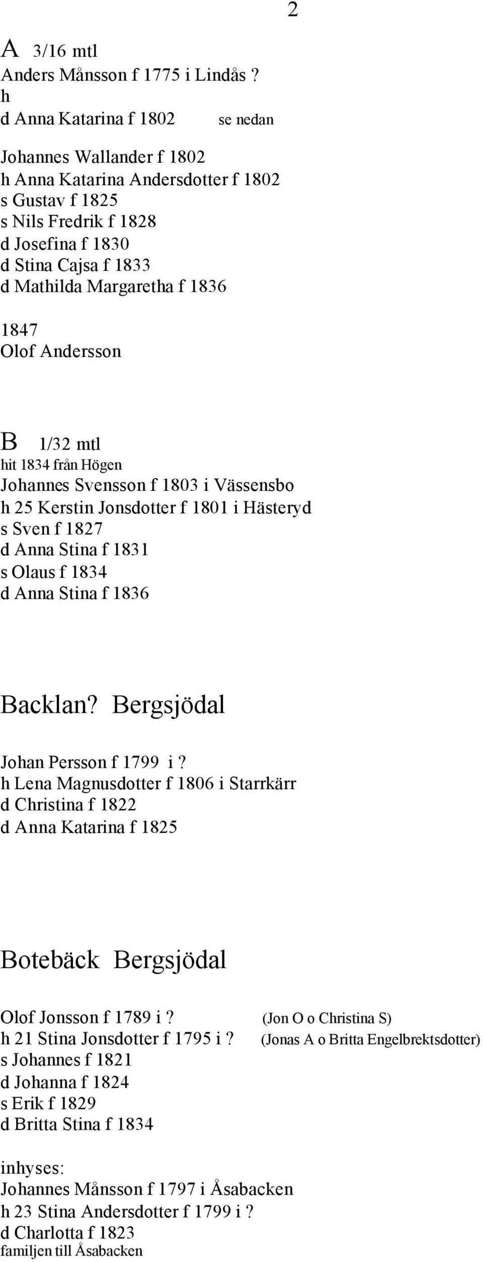 s Olaus f 1834 d Anna Stina f 1836 Backlan Bergsjödal Joan Persson f 1799 i Lena Magnusdotter f 1806 i Starrkärr d Cristina f 1822 d Anna Katarina f 1825 Botebäck Bergsjödal Olof Jonsson f 1789 i