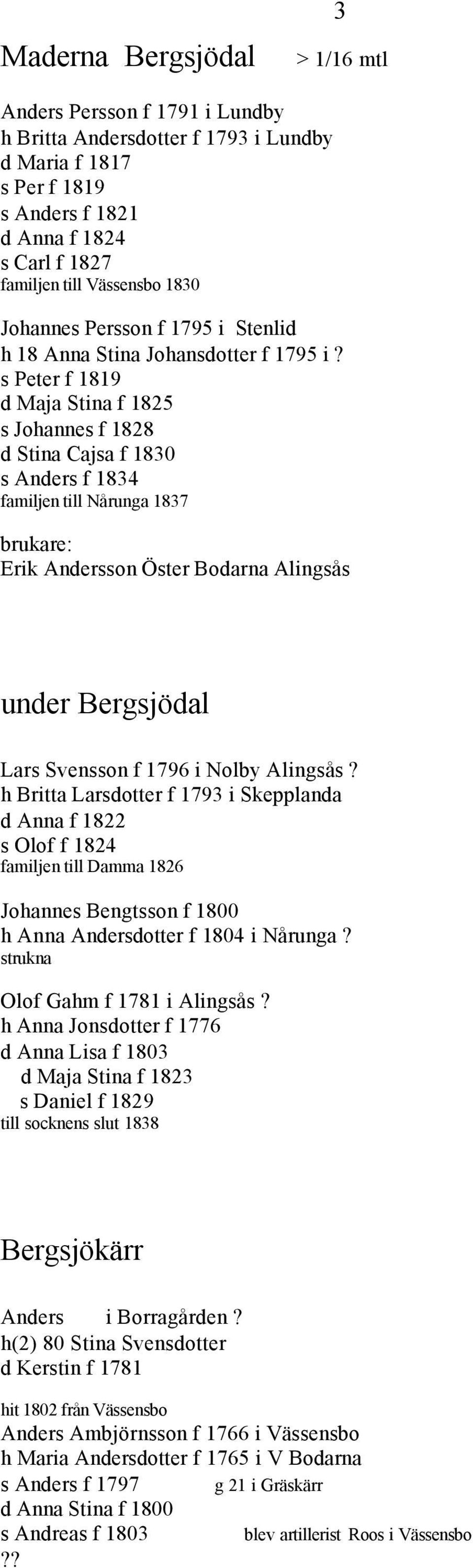 Andersson Öster Bodarna Alingsås under Bergsjödal Lars Svensson f 1796 i Nolby Alingsås Britta Larsdotter f 1793 i Skepplanda d Anna f 1822 s Olof f 1824 familjen till Damma 1826 Joannes Bengtsson f
