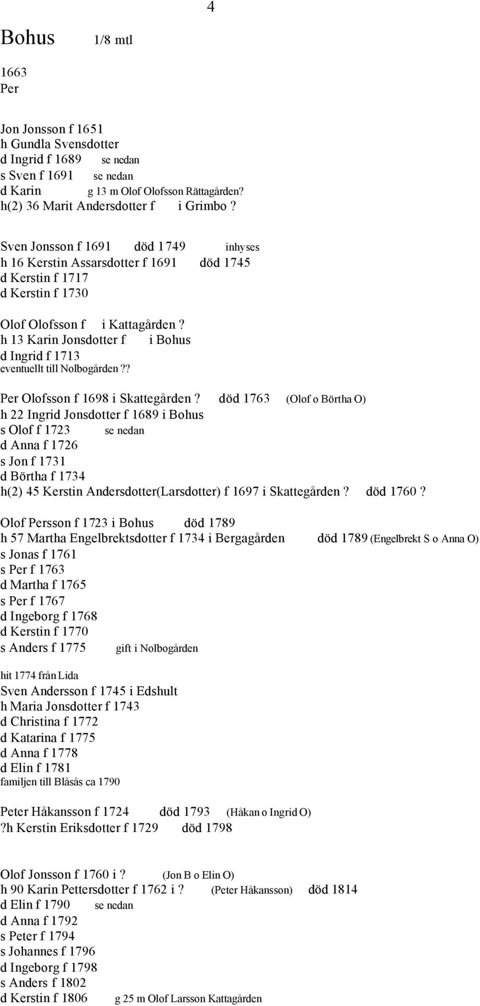 Nolbogården Per Olofsson f 1698 i Skattegården död 1763 (Olof o Börta O) 22 Ingrid Jonsdotter f 1689 i Bous s Olof f 1723 se nedan d Anna f 1726 s Jon f 1731 d Börta f 1734 (2) 45 Kerstin