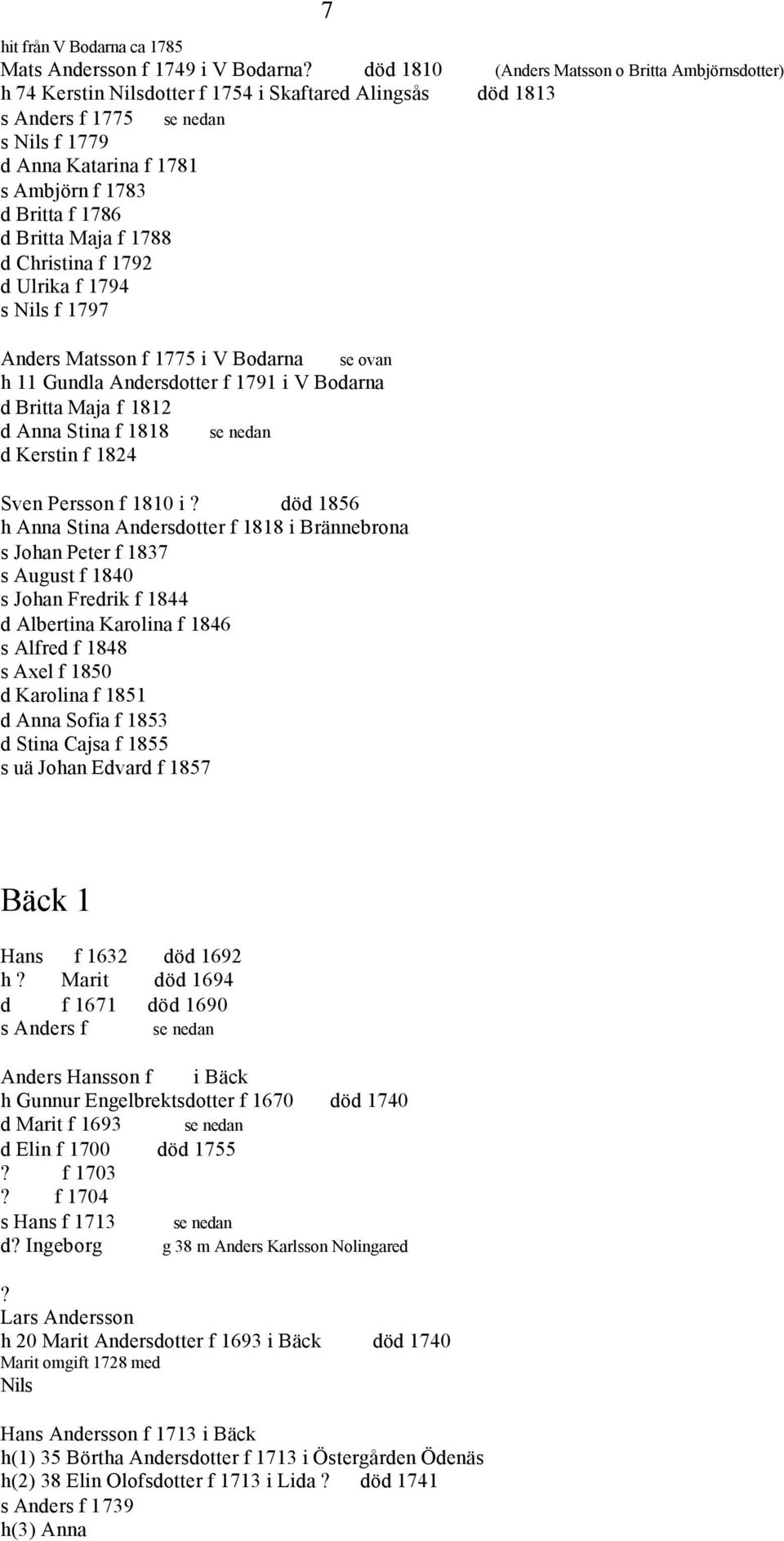 Andersdotter f 1791 i V Bodarna d Britta Maja f 1812 d Anna Stina f 1818 se nedan d Kerstin f 1824 Sven Persson f 1810 i död 1856 Anna Stina Andersdotter f 1818 i Brännebrona s Joan Peter f 1837 s