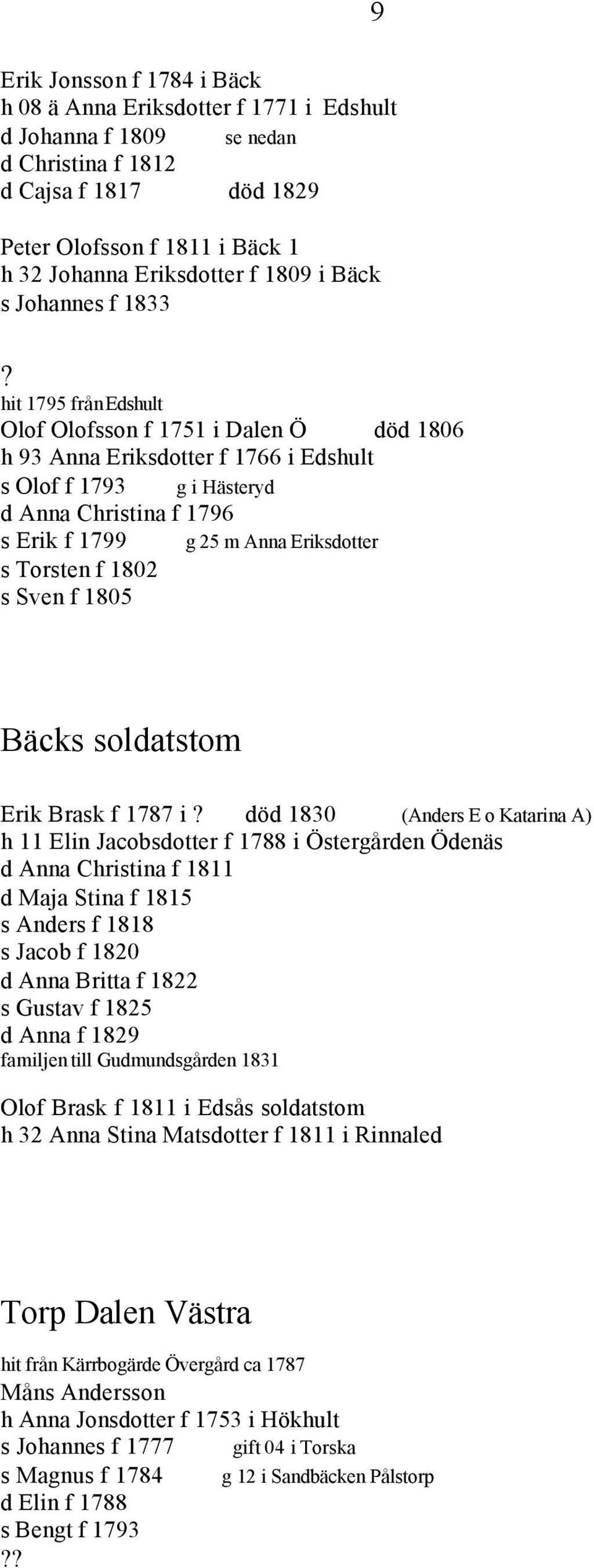 Eriksdotter s Torsten f 1802 s Sven f 1805 Bäcks soldatstom Erik Brask f 1787 i död 1830 (Anders E o Katarina A) 11 Elin Jacobsdotter f 1788 i Östergården Ödenäs d Anna Cristina f 1811 d Maja Stina f